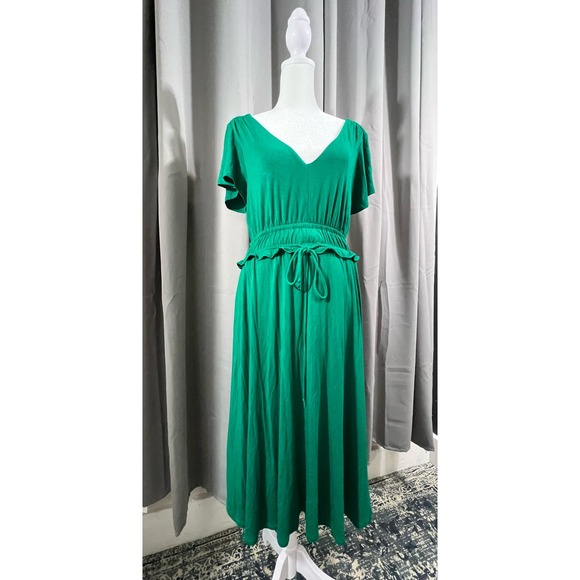 Anthropologie Maeve Green Soft Ruffled Open Back Short Sleeve V Neck Dress Med - Picture 3 of 6